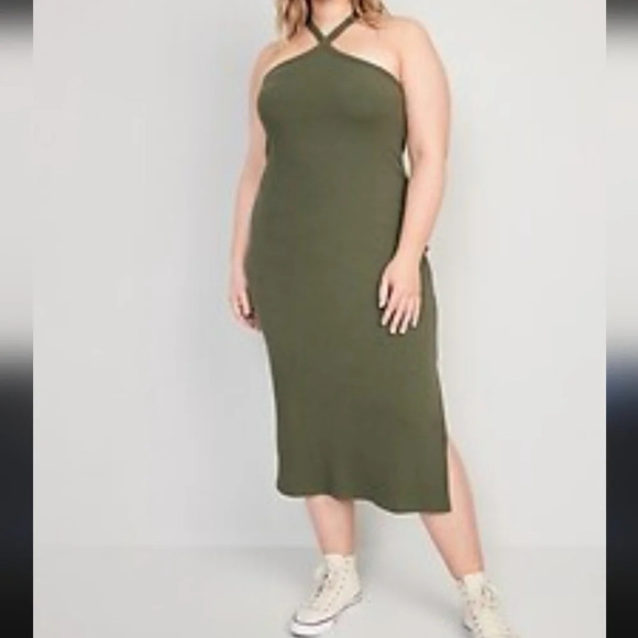 Old Navy NWT Fitted Rib-Knit Halter Midi Dress for Women Olive Green SZ XXL/ 2X - Picture 1 of 7